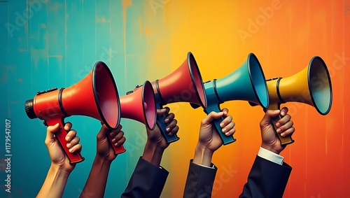 Colorful Megaphones Raised in Unity Against Vibrant Split Background Design photo