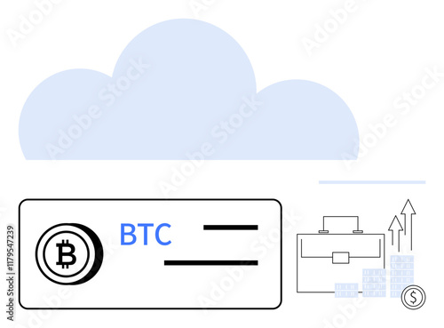 Bitcoin transaction details with BTC symbol, cloud graphic, briefcase, stacked blocks, upward arrows, and coin. Ideal for cryptocurrency, blockchain, digital wallets financial growth investment