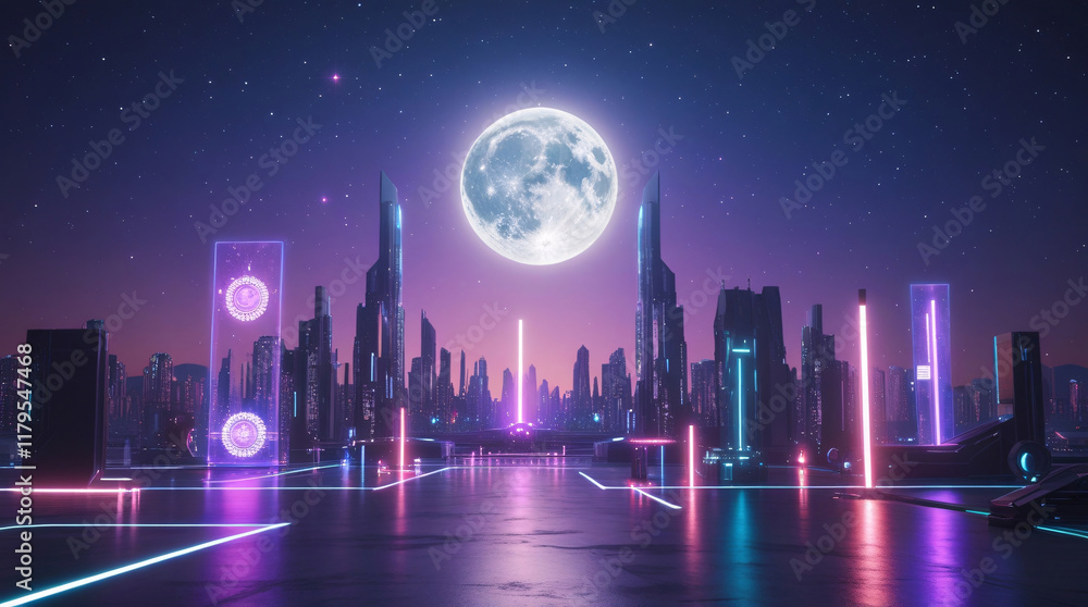 Futuristic City Shimmering Under Lunar Eclipse with Neon Lights and Holographic Effects Futuristic City Shimmering Under Lunar Eclipse with Neon Lights and Holographic Effects