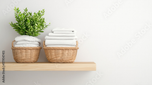Laundry shop concept. Fresh towels and greenery in woven baskets on wooden shelf create cozy atmosphere