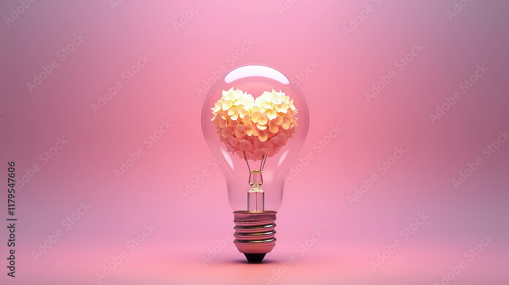 Light bulb with pink background features floral heart design, symbolizing love and creativity Light bulb with pink background features floral heart design, symbolizing love and creativity