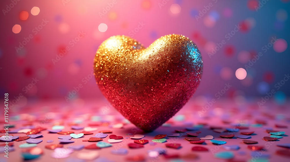 Fototapeta premium Glittering heart decoration surrounded by colorful confetti for a festive celebration