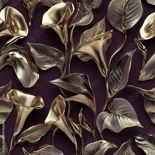 Chrome zantedeschia and brass leaves on dark plum background with metallic trumpet flowers, luxury decor pattern for fabric printing and wall finishes photo