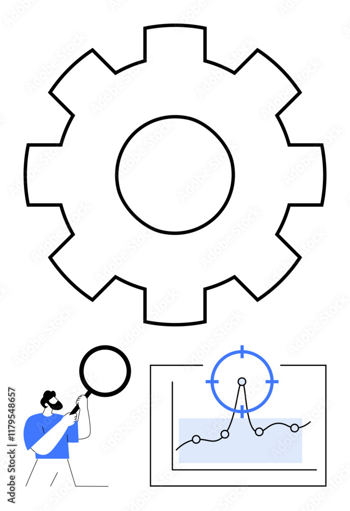 Large gear icon symbolizes processes person with magnifying glass inspects trends on a graph with target symbol. Ideal for analytics, strategy, innovation, workflow, integration, research, abstract Large gear icon symbolizes processes person with magnifying glass inspects trends on a graph with target symbol. Ideal for analytics, strategy, innovation, workflow, integration, research, abstract