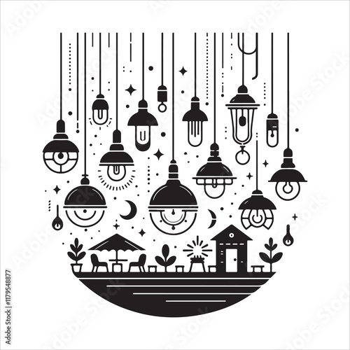 Pendant lamps silhouette vector. Modern pendant lights icons vector illustration