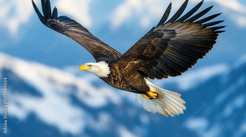Fototapeta premium Majestic Bald Eagle Soaring, Wings Spread Wide, Mountainous Sky