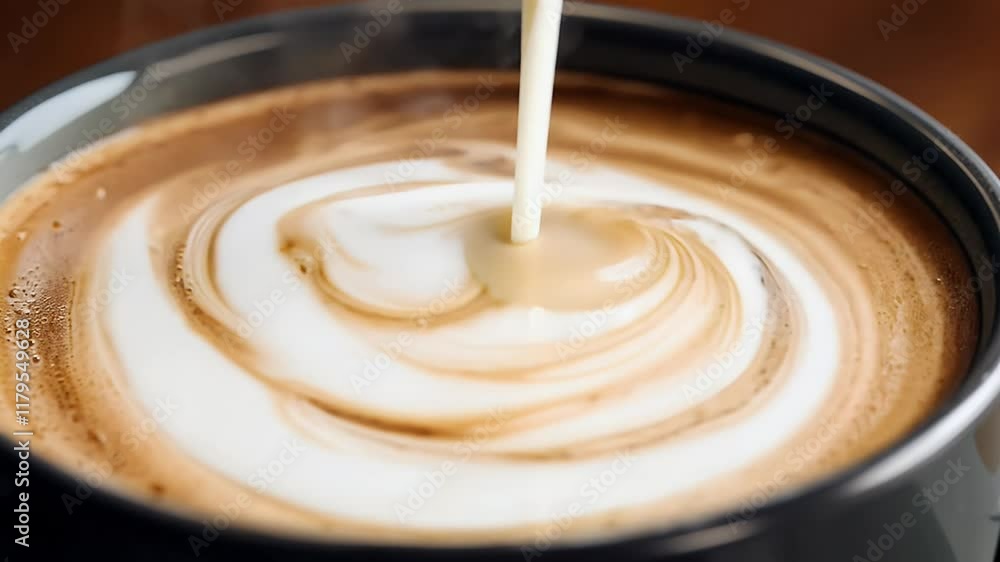 Milk swirls gracefully steaming cup coffee filmed top down perspective showcase satisfying blend cream java Milk swirls gracefully steaming cup coffee filmed top down perspective showcase satisfying blend cream java