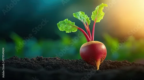 Fototapeta Freshly Harvested Radish Emerging from Dark Rich Soil Surrounded by Lush Green Leaves Under Soft Natural Light