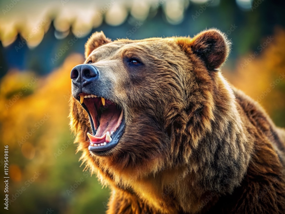 Obraz premium Ferocious Grizzly Bear Roaring in Wild Nature, Copy Space Left