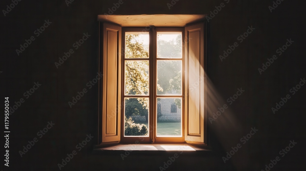Sunlit Window, Old Building, Sunlight Rays, Tranquil Scene, Serene View, Green Trees, Garden, Peacef Sunlit Window, Old Building, Sunlight Rays, Tranquil Scene, Serene View, Green Trees, Garden, Peacef