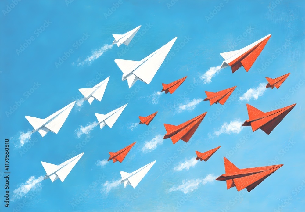 Red paper airplanes and white origami planes on a blue background. Stock photo contest winner. Red paper airplanes and white origami planes on a blue background. Stock photo contest winner.