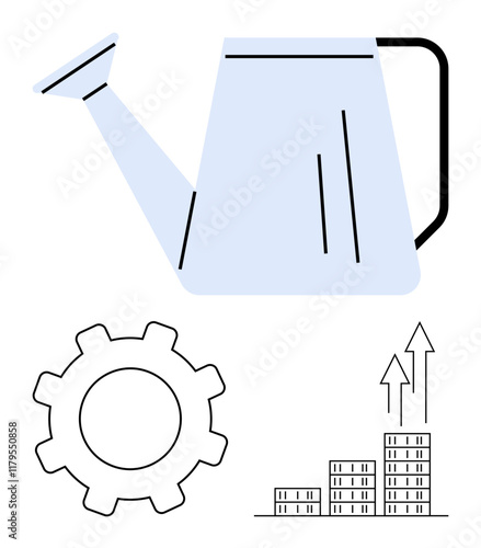 Watering can symbolizes nurturing, gear signifies mechanism, and bar chart with arrows represents growth. Ideal for business strategy, teamwork, success, innovation, progress, productivity abstract