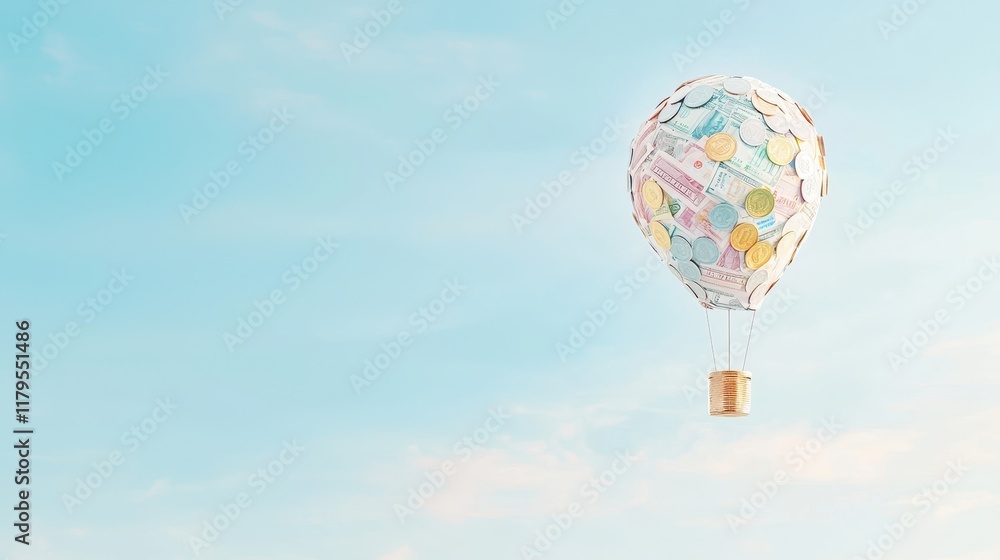 Naklejka premium Hot air balloon with colorful currency notes and coins floating against a bright blue sky
