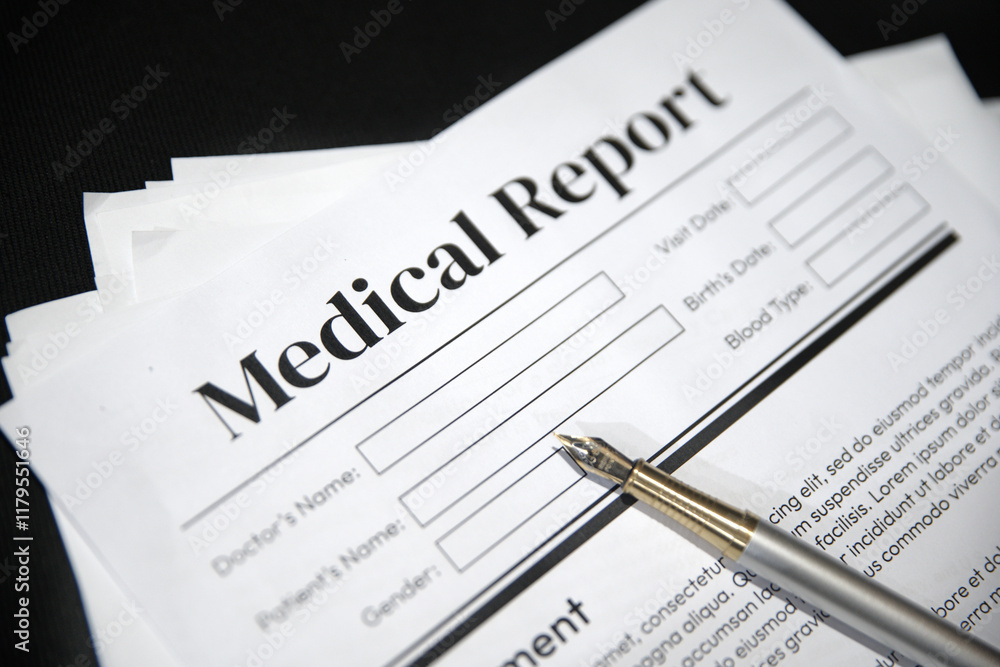 Medical report placed on a black surface with copy space and pen, health concept background. Medical report placed on a black surface with copy space and pen, health concept background.