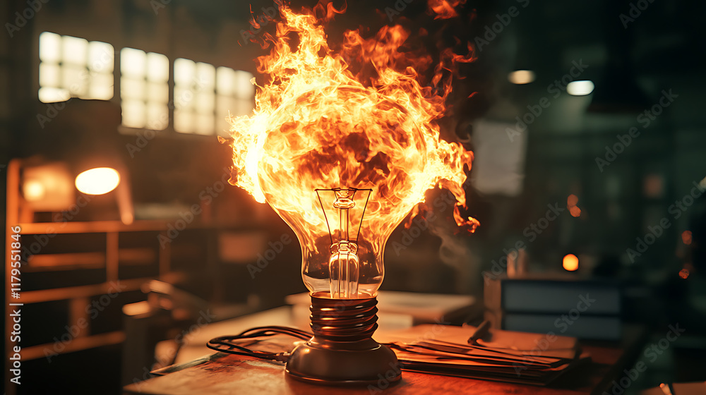 A light bulb engulfed in flames, symbolizing creativity and innovation in a workshop setting. A light bulb engulfed in flames, symbolizing creativity and innovation in a workshop setting.