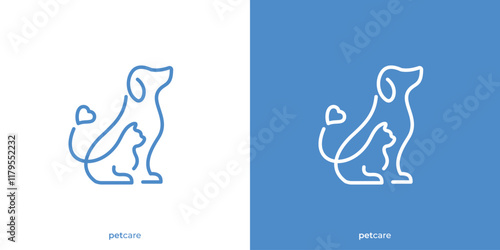 Simple Pet Care Logo. Lineart Dog Cat and Love Icon Graphic. Pet Shop Logo Design Template.