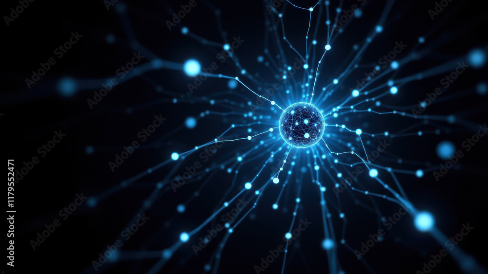 Fototapeta premium Abstract starburst pattern with a central blue sphere on a dark background.