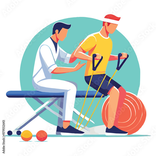 physical therapist who helps a patient perform exercises in a flat design