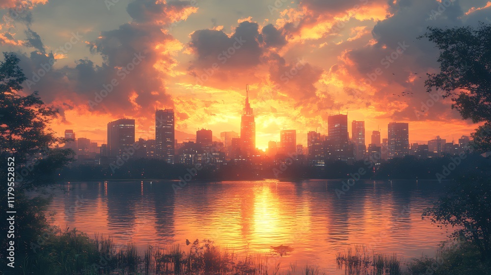 Naklejka premium Fiery Sunset Over Cityscape Reflecting on Calm Water