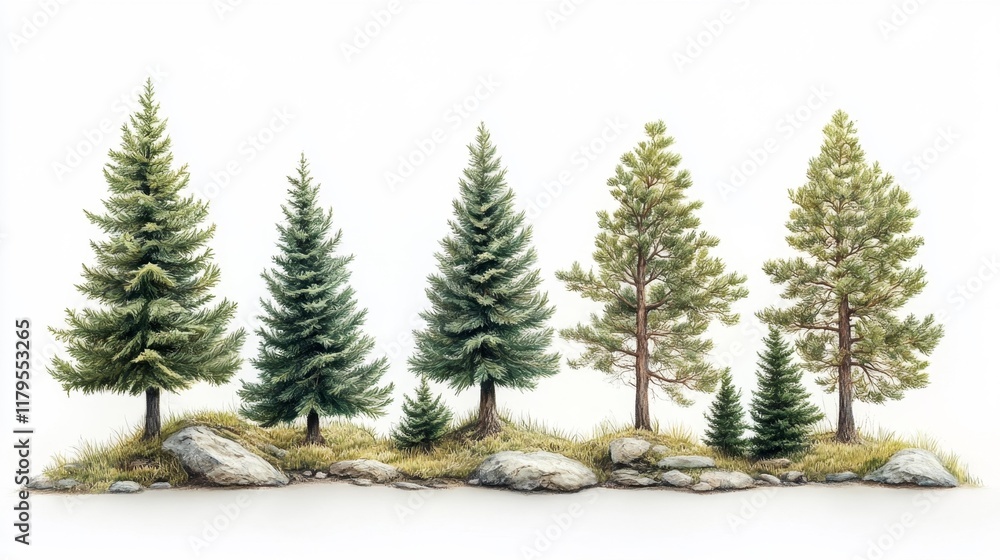 Obraz premium Illustrated Evergreen Tree Collection. Generative AI
