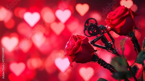 A bouquet of roses with mechanical stems and petals, each adorned with tiny gears, surrounded by soft pink holographic hearts, Sci-fi, Digital painting photo