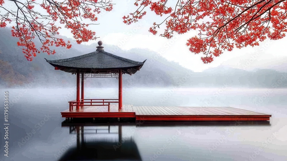 Serene Chinese Landscape with Traditional Pavilion Surrounded by Cherry Blossoms