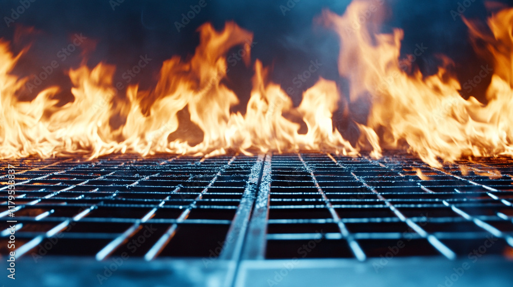 Hot flames rising over metal grating surface creating dramatic pattern, intense fire burning on industrial grill for outdoor cooking Hot flames rising over metal grating surface creating dramatic pattern, intense fire burning on industrial grill for outdoor cooking