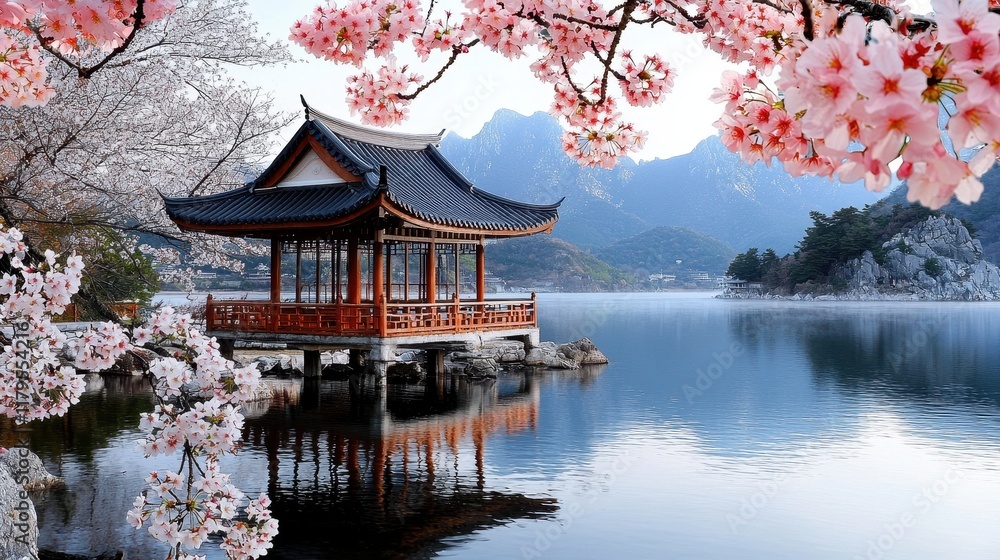 Obraz premium Serene Oriental Garden Setting by Lakeside with Gazebo and Cherry Blossoms