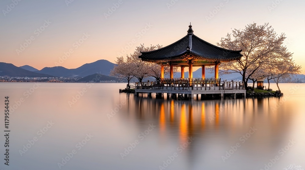 Serene Oriental Landscape with Traditional Pavilion and Lakeside Reflections at Dusk Serene Oriental Landscape with Traditional Pavilion and Lakeside Reflections at Dusk