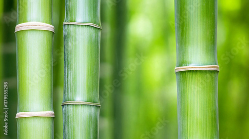 Fresh bamboo stalks growing in zen garden with blurred green nature background creating peaceful asian atmosphere