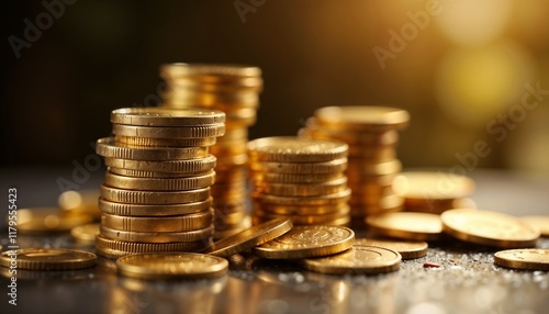 Shiny Golden Coins Stacked in Prosperity Against Dark Surface