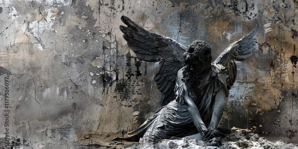 Fototapeta premium Weathered Angel Statue Against a Distressed Wall