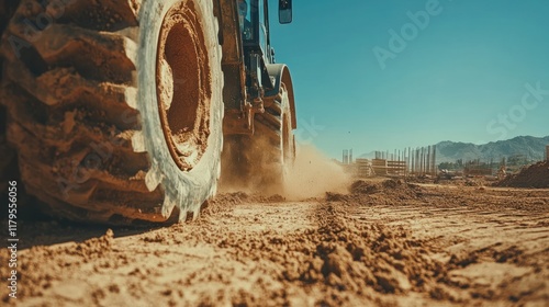 Close-up of a grader's tire kicking up dust on a construction site.
