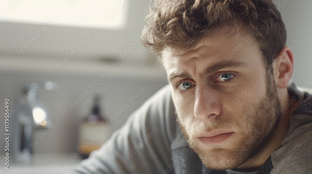 Man looking slightly uncomfortable on modern toilet with clean minimalistic bathroom background. Emphasizes expression and environment. Man looking slightly uncomfortable on modern toilet with clean minimalistic bathroom background. Emphasizes expression and environment.
