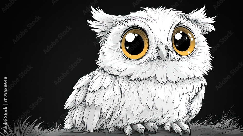 Fototapeta premium Adorable cartoon white owl with big yellow eyes.