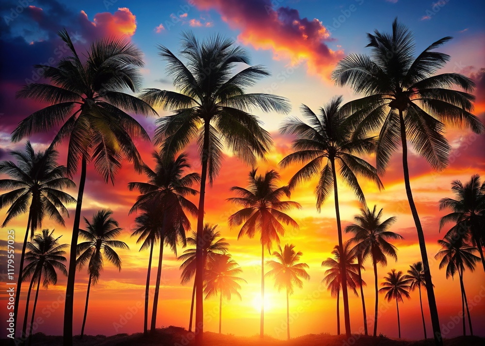 Elegant Silhouette Palm Trees Poster: Hand-Drawn Tropical Design Elegant Silhouette Palm Trees Poster: Hand-Drawn Tropical Design