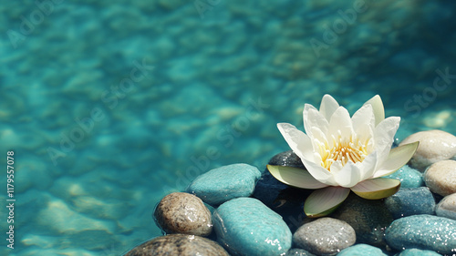 Wallpaper Mural Beautiful white lotus flower blooming on turquoise water with zen stones creating peaceful spa atmosphere and meditation concept Torontodigital.ca