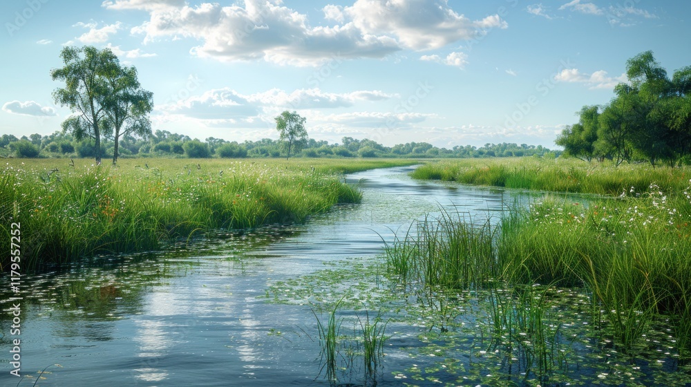 Panoramic view of a small river through a meadow in summer Panoramic view of a small river through a meadow in summer