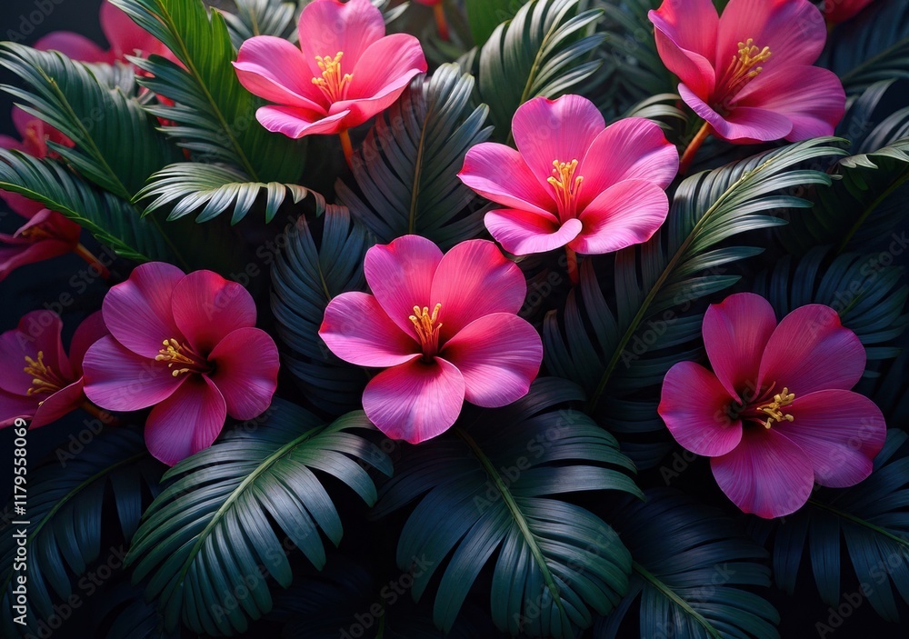 Obraz premium Vibrant pink flowers surrounded by lush green foliage in a garden setting