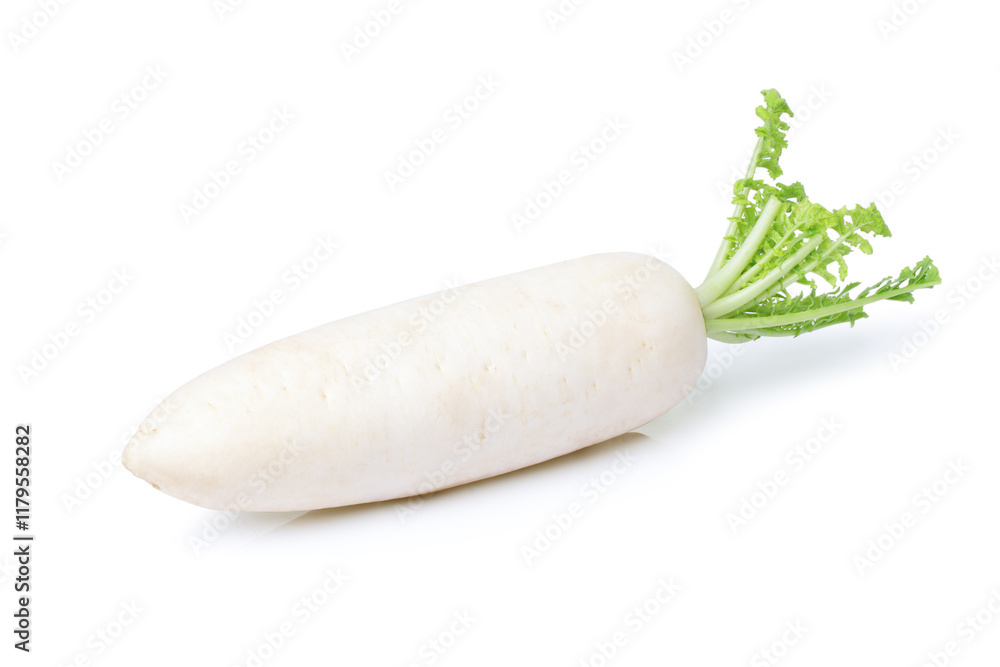 Daikon radish with leaf isolated on white background. Daikon radish with leaf isolated on white background.