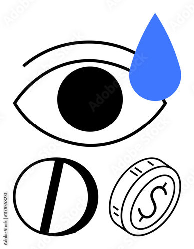 Eye with blue teardrop, pill, and coin. Ideal for healthcare, emotions, medication, costs wellness visual concepts abstract line flat metaphor. Line metaphor. Simple line icons