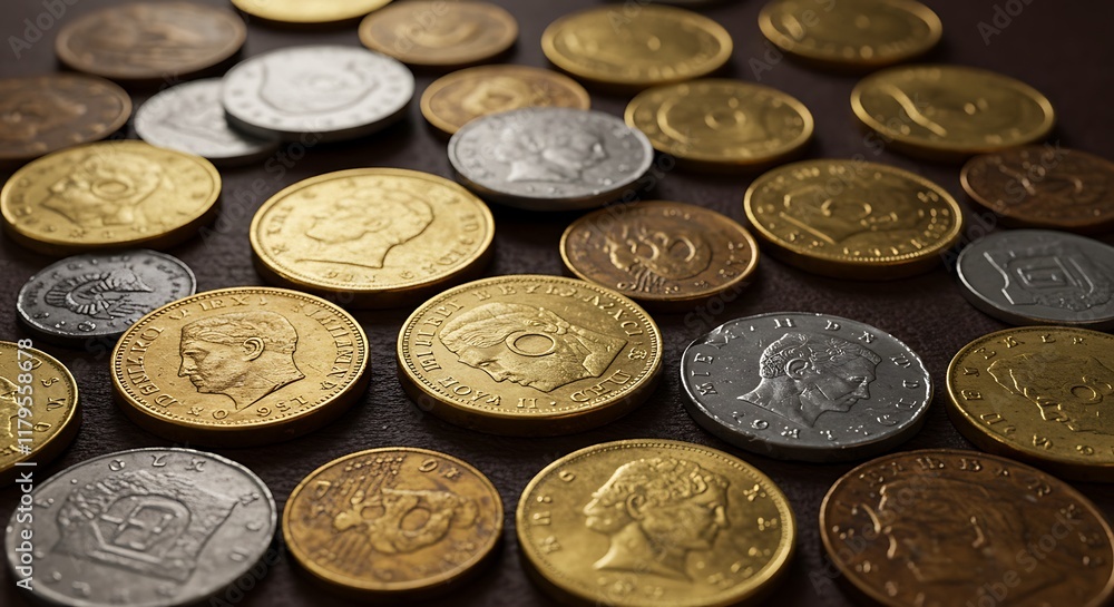 Collection of Antique Gold and Silver Coins Currency Money Wealth Finance History Numismatics Close