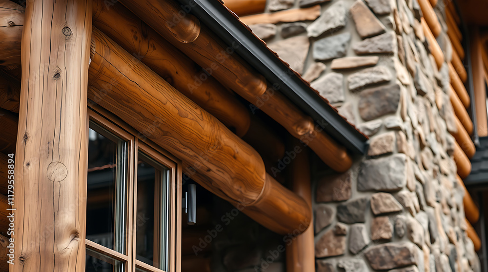 Obraz premium Log Cabin Exterior Detail: Wood Beams, Stone Wall, and Gutter