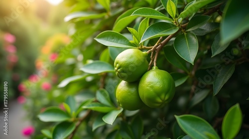 Wallpaper Mural Ripe green limes on slender branches with dense foliage and dreamy sunlight. Vibrant garden background with blurred blooms Torontodigital.ca