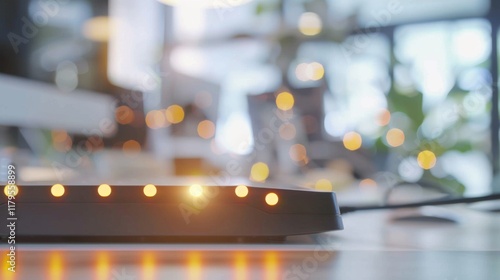 Wallpaper Mural Modern router with blinking LED lights on clean desk. Symbolizes network security with copy space for text or design. Torontodigital.ca