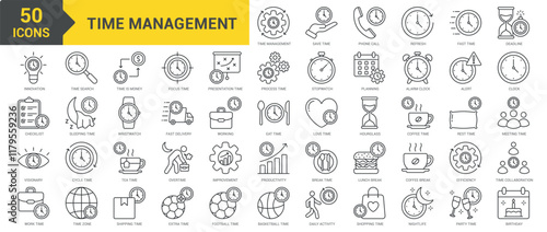 Time Management icon collection set. Containing time, management, save time, schedule, refresh, fast time, deadline, innovation, stopwatch, planning, alarm clock, alert icon. Simple line vector