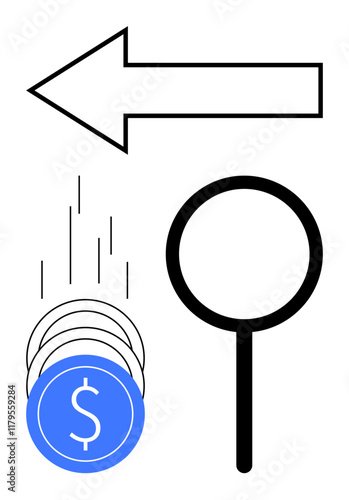 Arrow pointing left, coins with dollar signs falling, and magnifying glass suggesting financial investigation. Ideal for finance, direction, savings, investment, money management, analysis research photo