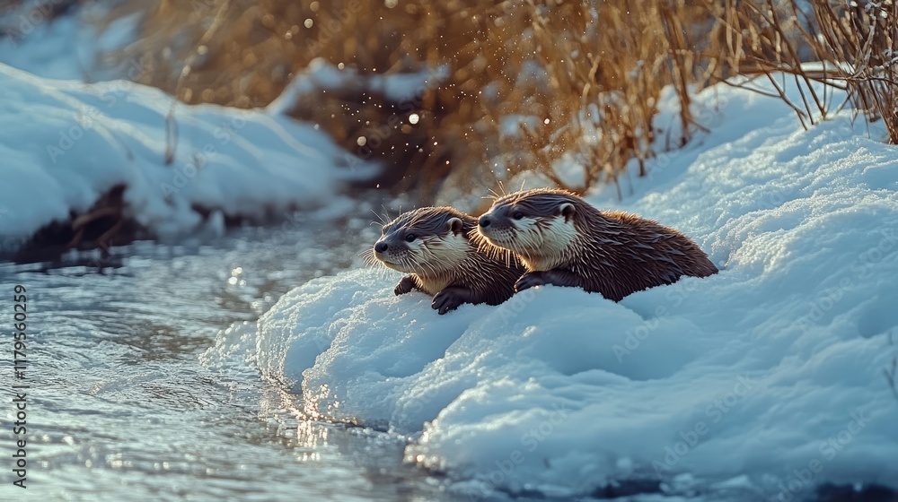 Fototapeta premium A pair of river otters playfully sliding down a snow-covered bank into a partially frozen stream.