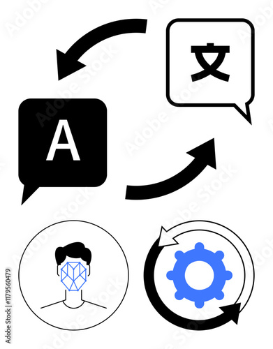 Speech bubbles with arrows, human face with facial recognition grid, and automation gear. Ideal for translation tools, AI, technology, linguistics, machine learning, globalization abstract line flat