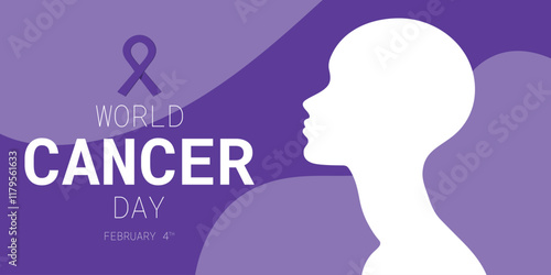 World Cancer Day banner with human profile silhouette and purple ribbon. Cancer Day February 4th. Vector illustration